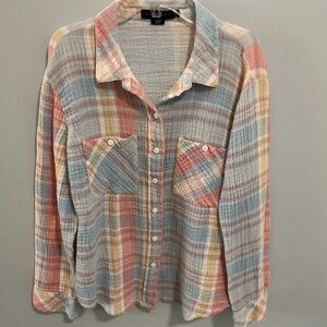 Women’s Sanctuary Tomboy Button Front Pastel Plaid Long Sleeve Gauze Shirt, Medi
